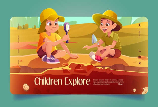 Free vector children archaeology explore cartoon landing page. kids play in archaeologists work on excavations, boy and girl digging soil with shovel, exploring artifacts with magnifying glass, vector web banner