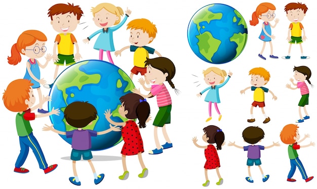 Free vector children around the earth