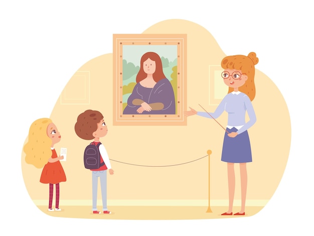 Children in art museum Kids looking at painting with portrait in frame on wall vector illustration School excursion scene with instructor guide teaching boy and girl listening