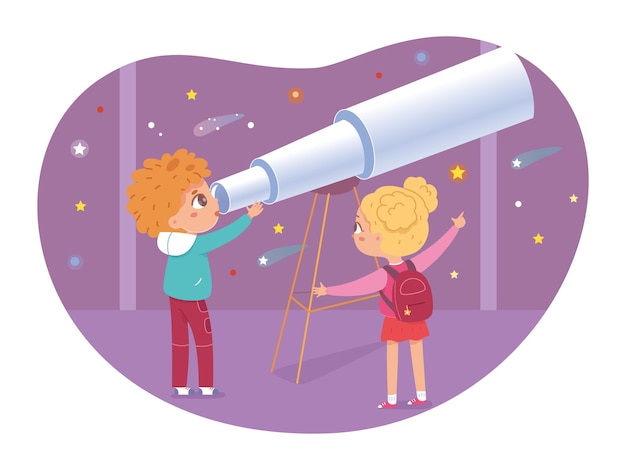 Bambini nel museo di astronomia bambini che guardano il cielo notturno con le stelle del cosmo galassia un ragazzo e una ragazza con il telescopio