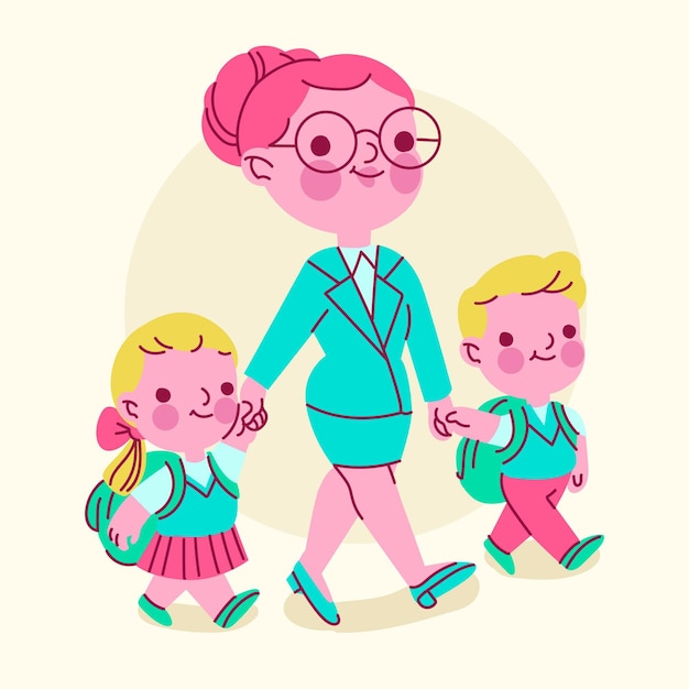 Free vector children back to school with parents illustration