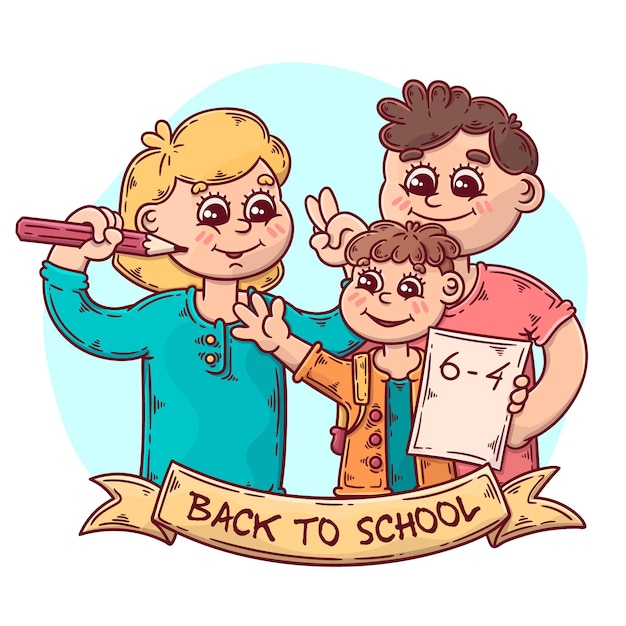 親と一緒に学校に戻る子供