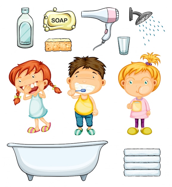 Illustrazione dei bambini e del bagno set