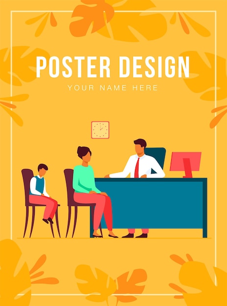 Free vector children behavior problems concept. mom and son visiting school principal office. pupil feeling guilty while his mother talking to headmaster. illustration for family troubles or education topics