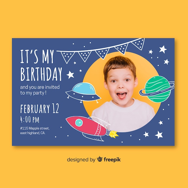 Children birthday invitation template with photo