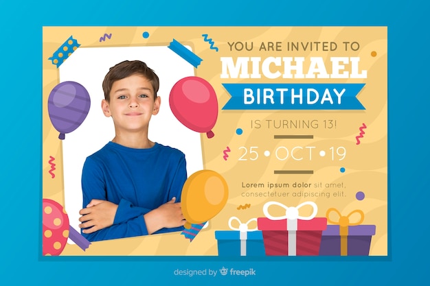 Free vector children birthday invitation template with photo