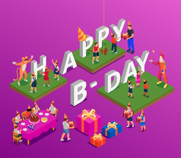 Free vector children birthday party isometric composition with festive table and kids during various fun activities 3d vector illustration