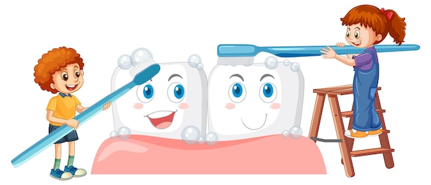 Free vector children brushing whiten teeth with a toothbrush on white backgr