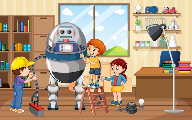 방 장면에서 함께 로봇을 만드는 아이들