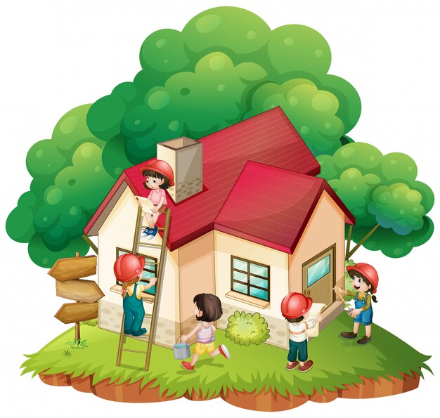 Children building little house