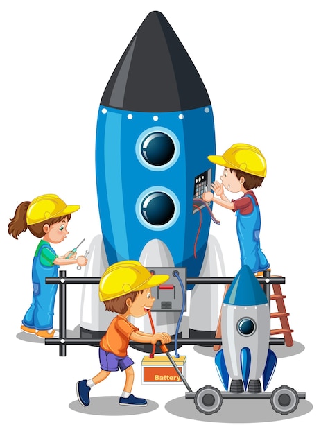 白い背景の上に一緒にロケットを構築する子供たち