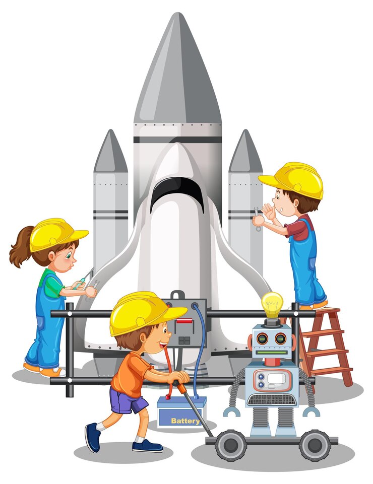 Free Vector children building spaceship together on white background