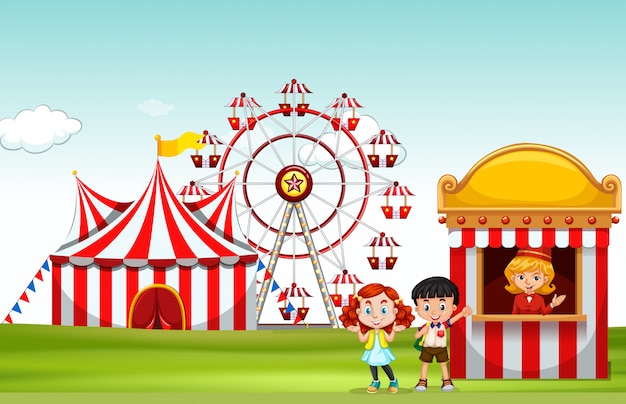 Children buying ticket at the fun park Free Vector