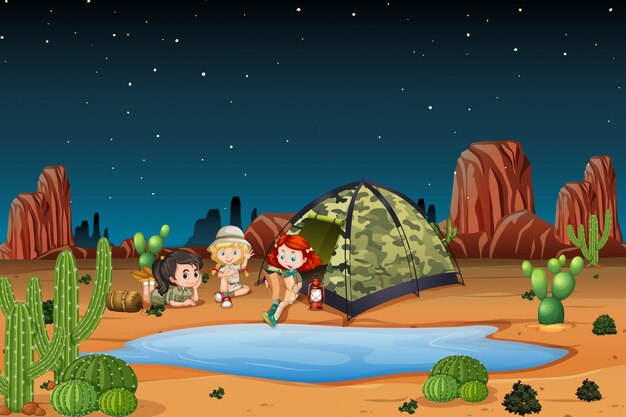 Children camping in the desert illustration
