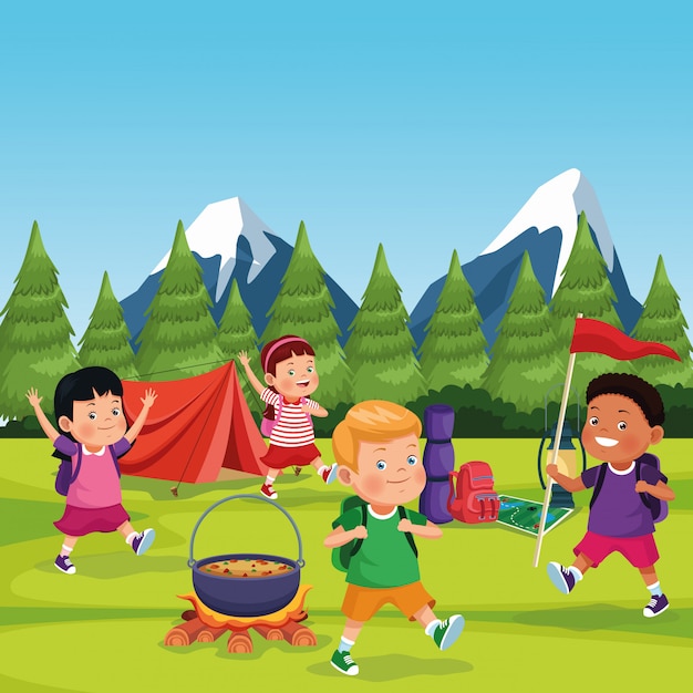 Free vector children in a camping zone