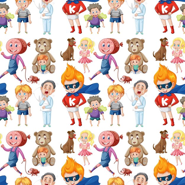Children cartoon character seamless pattern