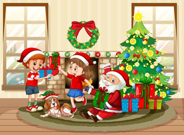 집에서 산타클로스와 함께 크리스마스를 축하하는 아이들