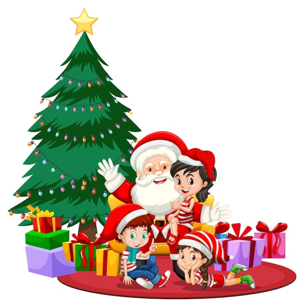 Free vector children celebrating christmas with santa claus