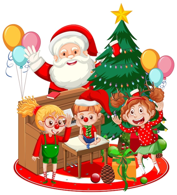 Free vector children celebrating christmas with santa claus