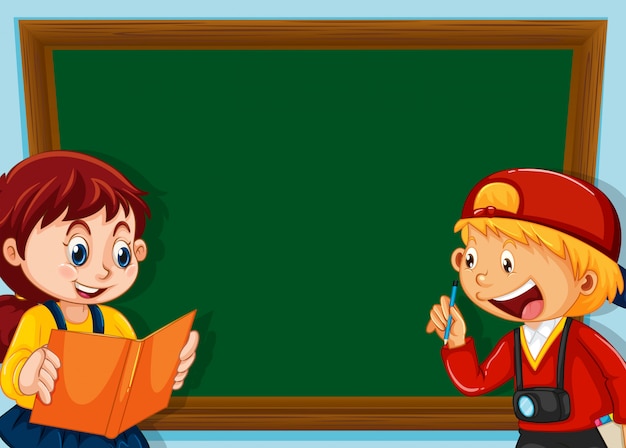 Children on chalkboard background with copyspace