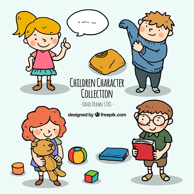 Children character collection in hand-drawn style