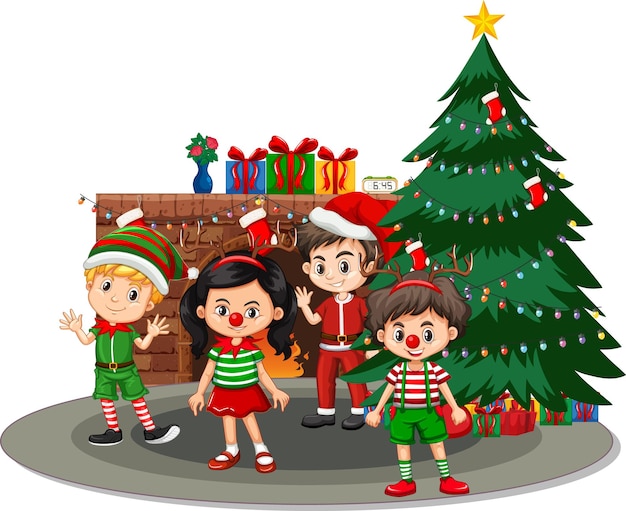 Children in Christmas costumes cartoon character