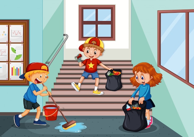 Free vector children cleaning school hallway