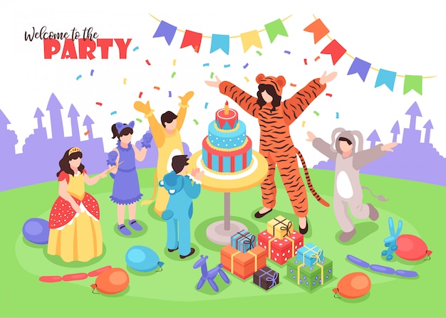 Free vector children in costumes having fun at birthday party with female animator 3d isometric