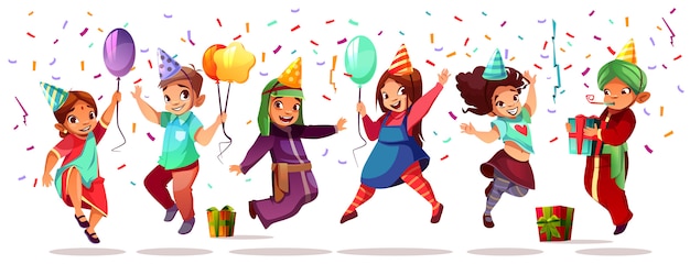 Free vector children of different nationality celebrating birthday or holiday with color balloons