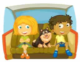 Free vector children and dog sitting in the car