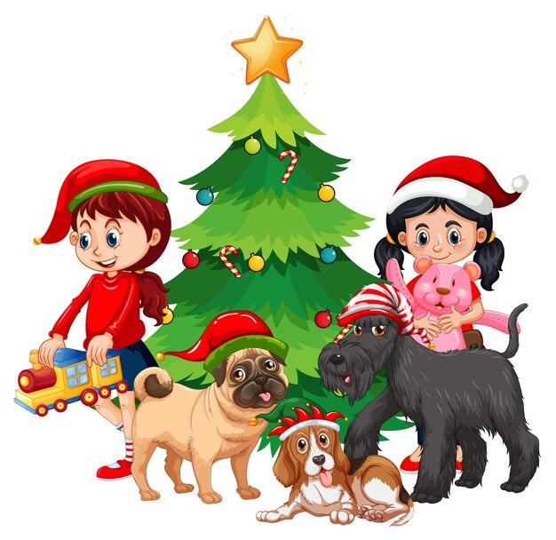 Дети и собаки в рождественской теме
