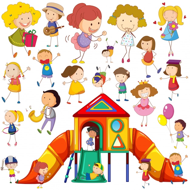 Free vector children doing different actions and playhouse illustration