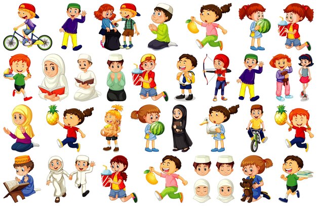 Children doing different activities cartoon character set on white background