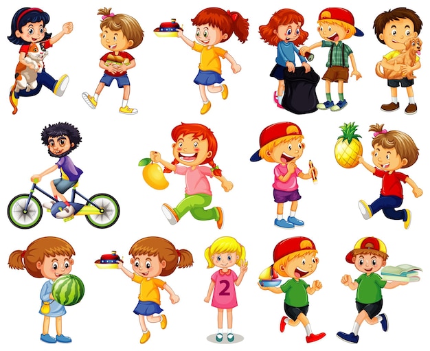 Children doing different activities cartoon character set on white