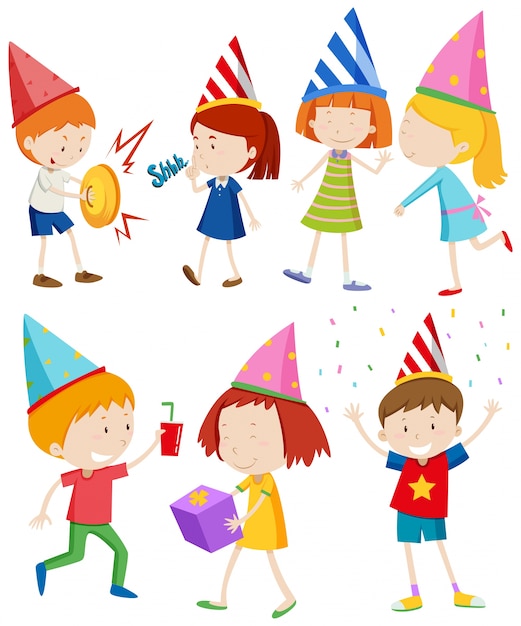 Children doing different things at party illustration