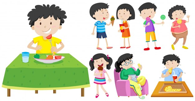 Дети едят здоровые и нездоровые иллюстрации пищи