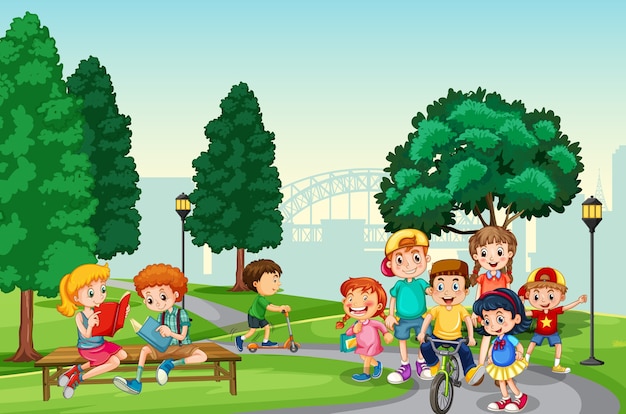 Free vector children enjoy with their activity in the park scene