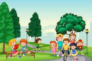 Vettore gratuito i bambini si divertono con la loro attività nella scena del parco