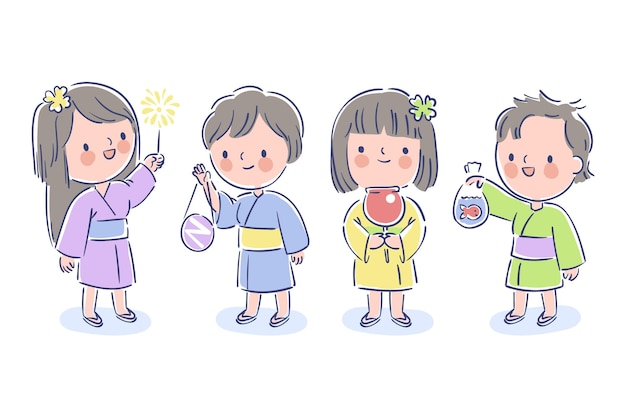 Дети наслаждаются летним фестивалем мацури