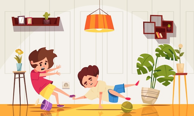 Children falling people composition two children fall to the floor in their home by catching vector illustration