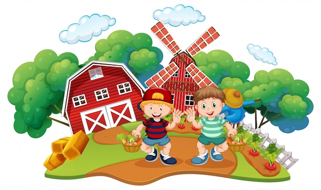 Free vector children at the farm scene