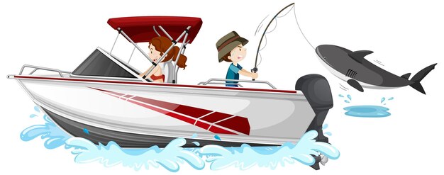 Дети ловят рыбу с катера на белом фоне
