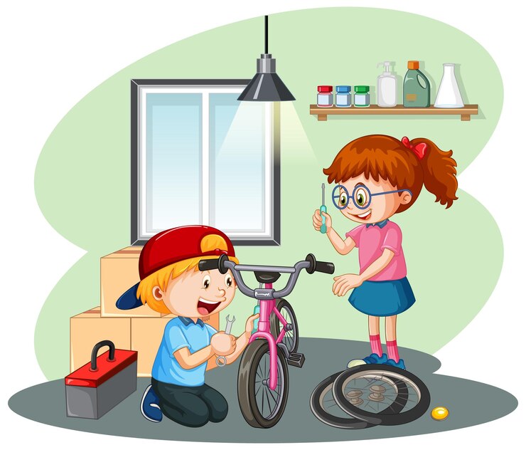 मुफ़्त वेक्टर children fixing a bicycle together