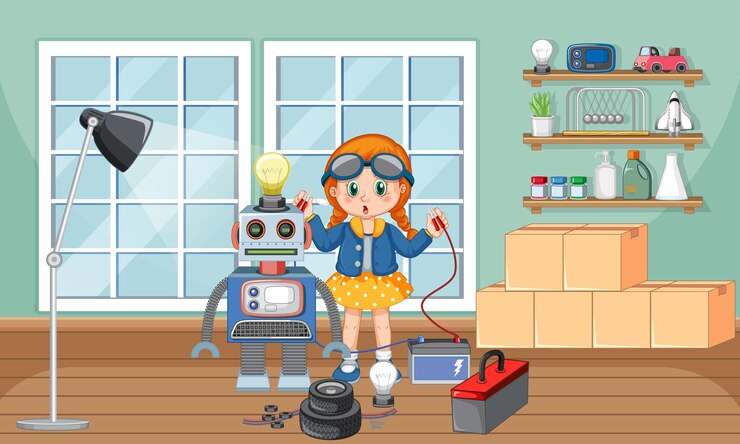 Free Vector children fixing a robot together in the room scene