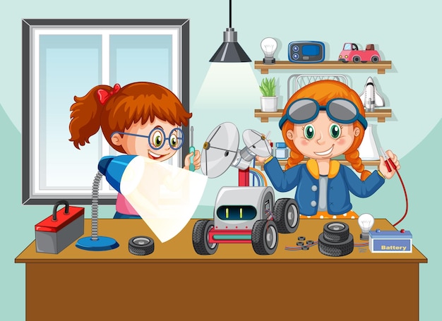 Free vector children fixing a robot together in the room scene