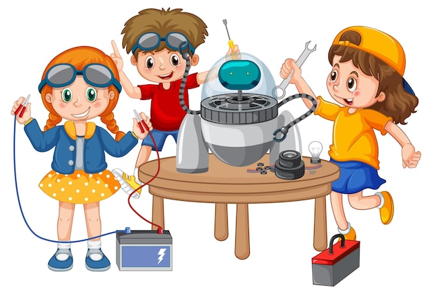 Free vector children fixing a robot together on white background