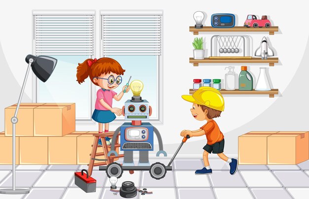 Children fixing a robot together on white background