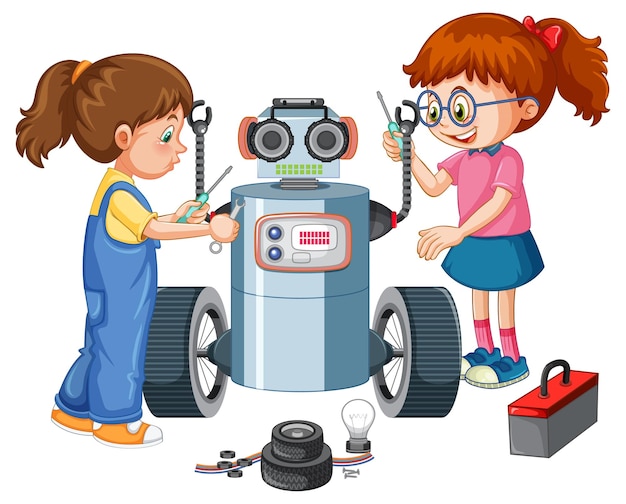 Vettore gratuito bambini che riparano insieme un robot