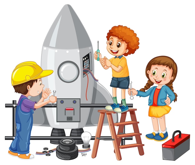 Bambini che riparano insieme un razzo su sfondo bianco
