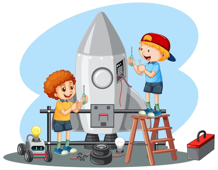 Free Vector children fixing a rocket together on white background
